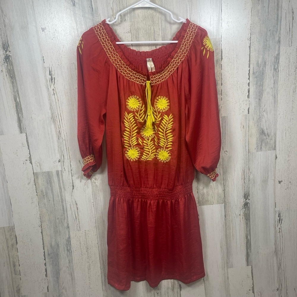 Uncle Frank Anthropologie Red Embroidered Mini Dress Size S